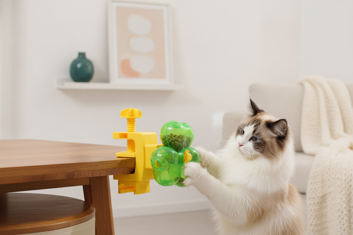 A cat interacting with a white Clover Puzzle Feeder on a light countertop, with subtle warm cream and teal accents in the bac