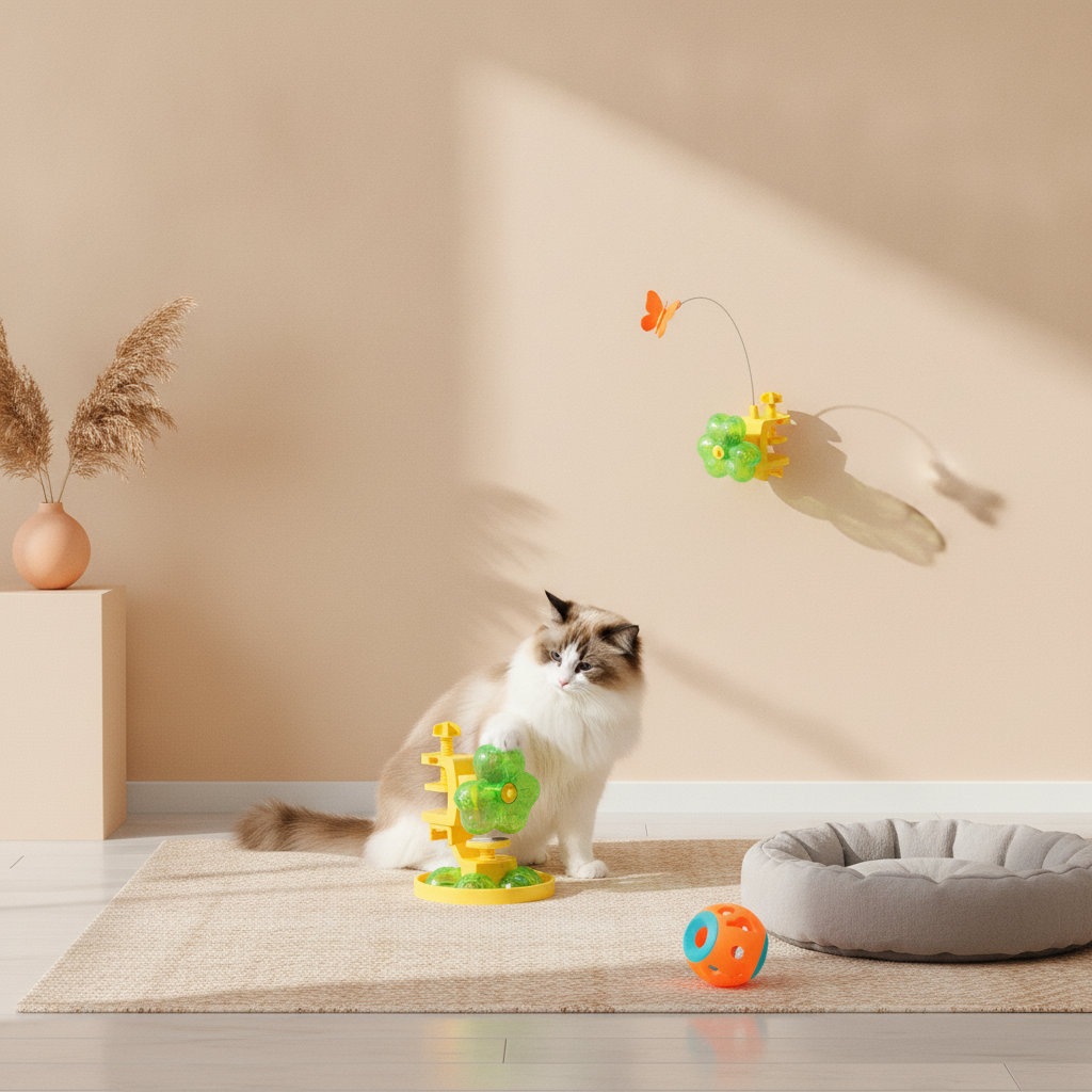 Clover Puzzle Feeder, Flutter Chase, and Interactive Dog Toy in a minimalist, Scandinavian-style living space with a cat and 